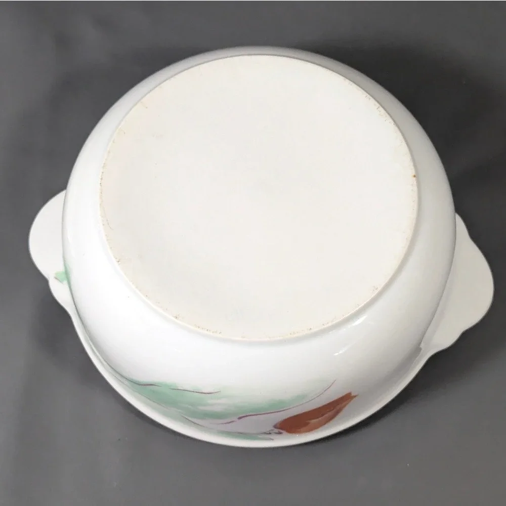 Vintage White Ceramic Floral Tulip Lidded Casserole Dish Round Serving Bowl